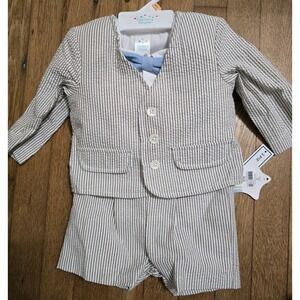 Nursery Rhyme 12m 3‎ Piece Suit Set Khaki Seersucker Easter Formal Bowtie